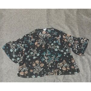 Boutique+ Women 1X Blouse Floral Bell Sleeve Tie Neck Black